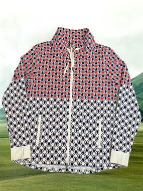 Bylyse Women's Patterned Zip-Front Jacket in Red, Navy & White sz M Activewear